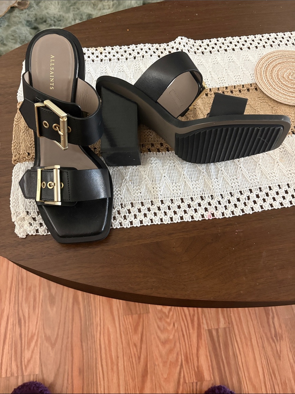 All Saints Black Leather Double-Buckle Block Heel Sandals with Gold Buckles